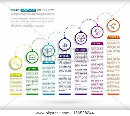 Stairs infographic design template with 7 multi colored successively connected circular elements with icons and text boxes. Abstract seven stairs to success.