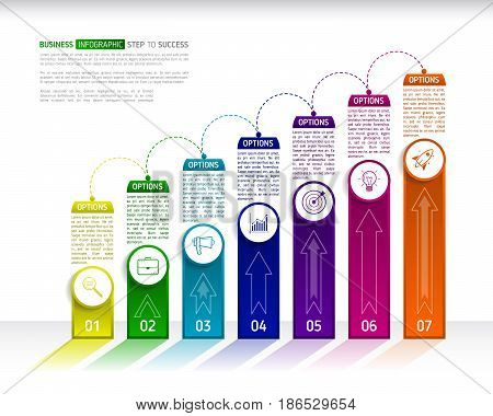 Stairs infographic design template with 7 multi colored successively connected circular elements with icons and text boxes. Abstract seven stairs to success with arrows.