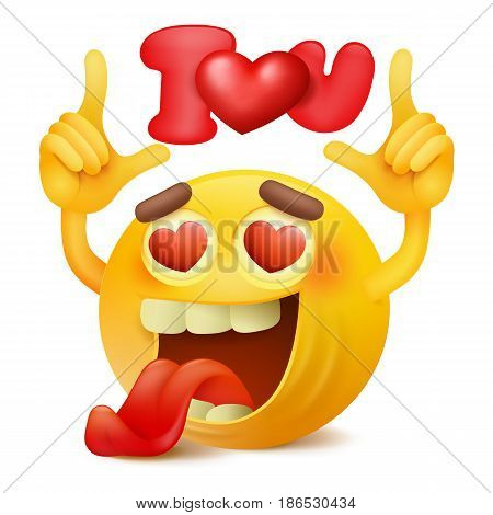 Yellow smiley emticon cartoon character with i love you title in hands Vector illustration
