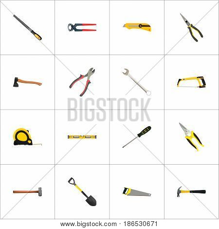 Realistic Handle Hit, Tongs, Sharpener Vector Elements. Set Of Tools Realistic Symbols Also Includes Emery, Sledge, Sawmill Objects.