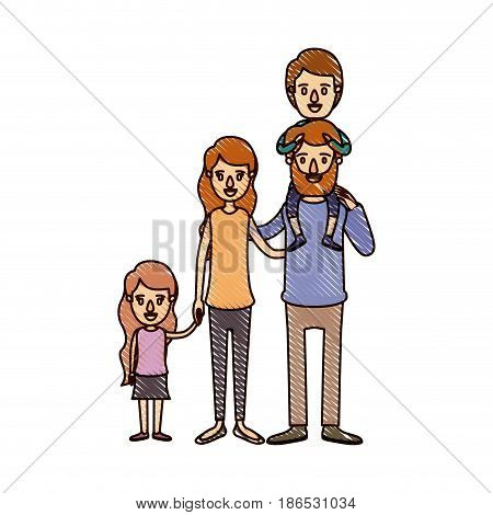 color crayon stripe cartoon big family parents with boy on his back and daugther taken hands vector illustration