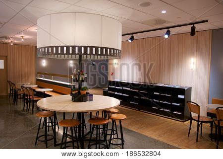 OSLO, NORWAY - JAN 21st, 2017: airport business class lounge interior of SAS, seating area in a frequent flyer lounge for SAS Gold customers.