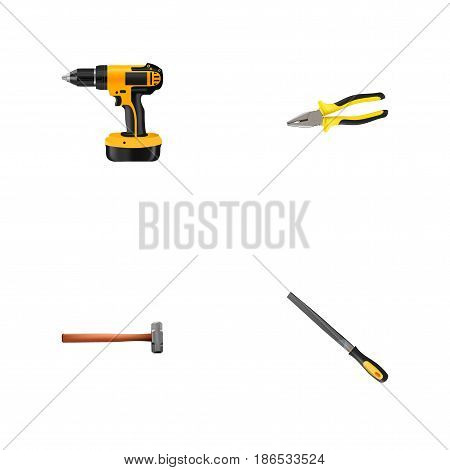 Realistic Electric Screwdriver, Handle Hit, Sharpener Vector Elements. Set Of Kit Realistic Symbols Also Includes Emery, Electric Screwdriver, Pincers Objects.