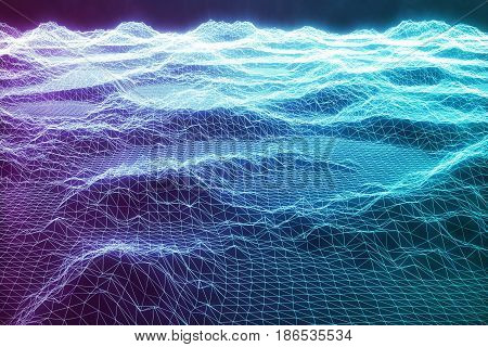 3D illustration abstract blue landscape bacgkround. Cyberspace grid. Concept internet connections in cloud computing