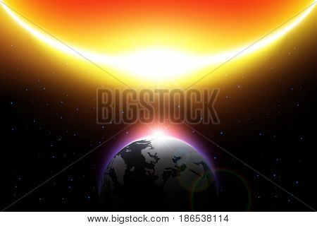 Sun come close to earth on solar system . Global warm and Doomsday concept . Vector .