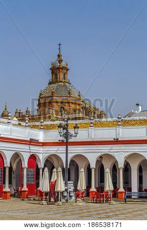 Plaza de Abastos (market square) and view of Church dome Carmona Spain