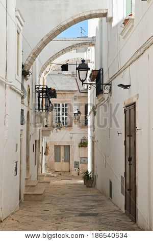 Chararacteristic alleyway of Locorotondo. Puglia. Southern Italy.