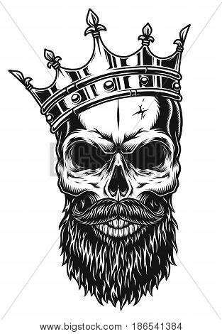Illustration of black and white skull in crown with beard isolated on white background