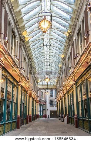 LONDON, UK, 19TH NOVEMBER 2016 - Leadenhall market covered shopping arcade dating back to the 14th Century in the city of London