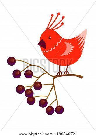 Cute little cartoon birdie character. Red stylized funny bird sitting on Rowan branch with berries. forest animal. Isolated design element 