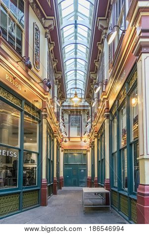 LONDON, UK, 19TH NOVEMBER 2016 - Leadenhall market covered shopping arcade dating back to the 14th Century in the city of London