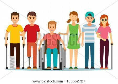 Disabled people and friend. Happy handicapped children.