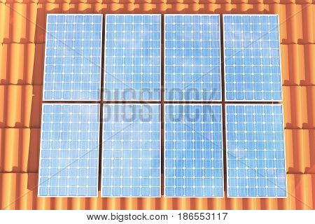 3D illustration solar panels on a red roff, power generation technology. Alternative energy. Solar battery panel modules with scenic sunset with blue sky with sun light