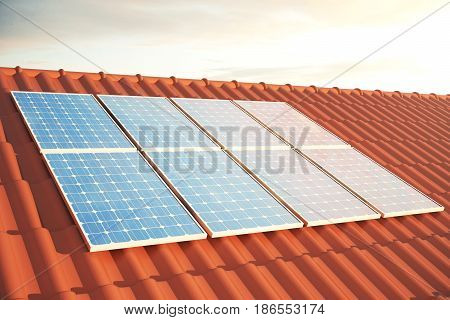 3D illustration solar panels on a red roff, power generation technology. Alternative energy. Solar battery panel modules with scenic sunset with blue sky with sun light