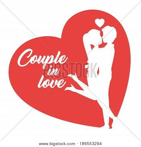 Man picking up girlfriend for kiss silhouettes and heart over white background. Vector illustration.