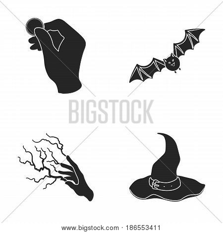 Focus with a coin, a bat, a mage's hat, a lightning-fast spell.Black and white magic set collection icons in black style vector symbol stock illustration .