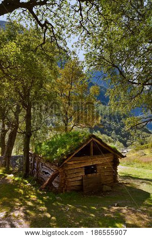 Old house near Briksdal glacier - nature and travel background
