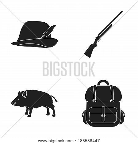 A hunting hat with a feather, a wild boar, a rifle, a backpack with things..Hunting set collection icons in black style vector symbol stock illustration .