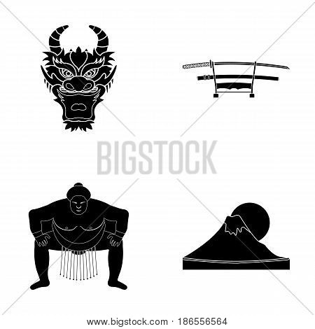 Dragon mask, katano, a man is a sumo player, a fujiama mountain.Japan set collection icons in black style vector symbol stock illustration .
