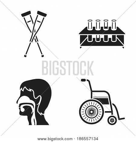 Crutch, tripod with test tubes, wheelchair, human respiratory system. Medicine set collection icons in black style vector symbol stock illustration .