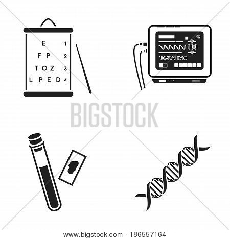 A table of vision tests, a blood test, a DNA code, an ECG apparatus. Medicine set collection icons in black style vector symbol stock illustration .
