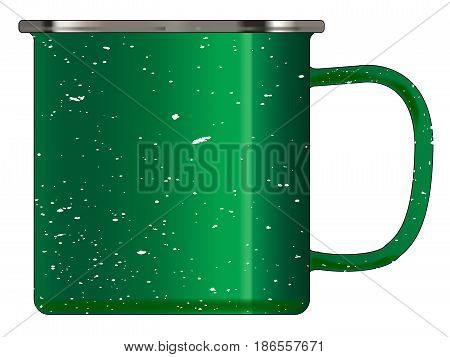 A typical green coloured tin cup with white mottle FX over a white background