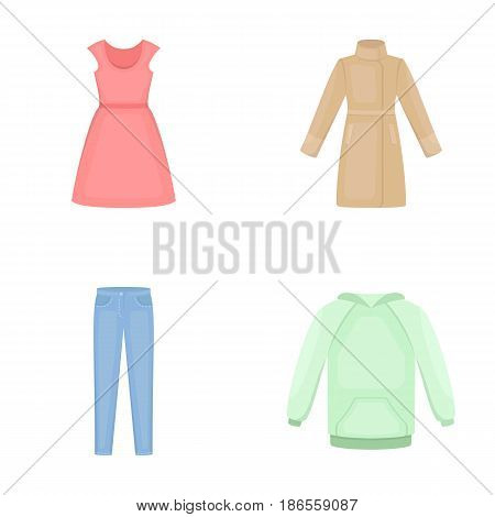 Dress with short sleeves, trousers, coats, raglan.Clothing set collection icons in cartoon style vector symbol stock illustration .