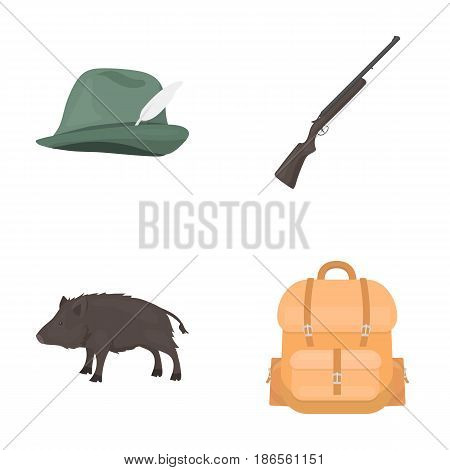 A hunting hat with a feather, a wild boar, a rifle, a backpack with things..Hunting set collection icons in cartoon style vector symbol stock illustration .