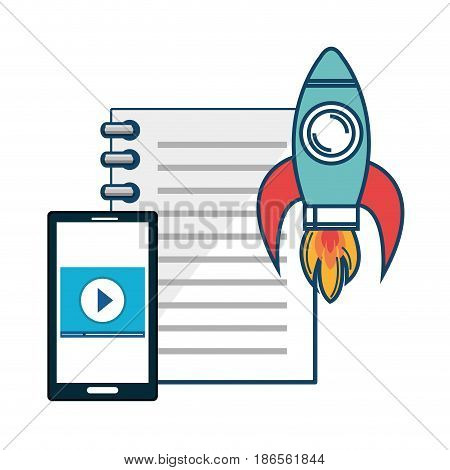Notebook, smartphone and skyrocket over white background. Vector illustration