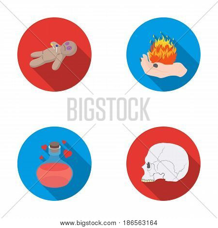 A voodoo doll, a magical fire, a love potion, a skull.Black and white magic set collection icons in flat style vector symbol stock illustration .