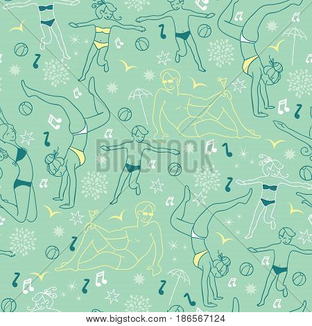 Vector Mint Green People On The Beach Repeat Seamless Pattern Background. Can Be Used For Fabric, Wallpaper, Stationery, Packaging, beach towels, beach totes. Surface pattern design.
