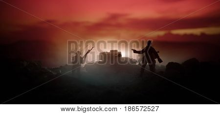 War Concept. Military Silhouettes Fighting Scene On War Fog Sky Background, World War Soldiers Silho