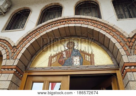 OHRID, MACEDONIA - MARCH 12, 2017: Portrail of Jesus CHrist upon an entrance to church of assumption of Maria the virgin