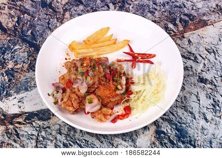 Spicy Crispy Deep-fried Karaoge Chicken Salad.