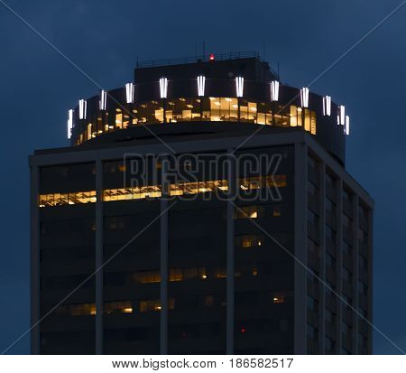 Bloomington MN/USA - July 10 2015: The Wells Fargo Plaza Tower illuminated at nighttime July 10 2015 in Bloomington Minnesota.