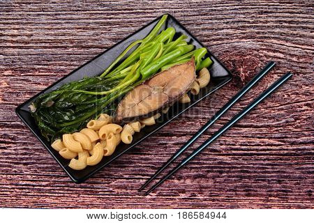 Fried Chinese Kale And Macaroni With Deep-fried Dried Salted Sea Fish.