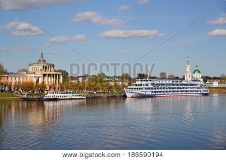 Tver Russia - may 07.2017. Pleasure craft and motor shipon pier at a river station