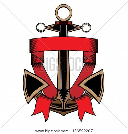 Nautical anchor with ribbon. Vector illustration isolated on white background