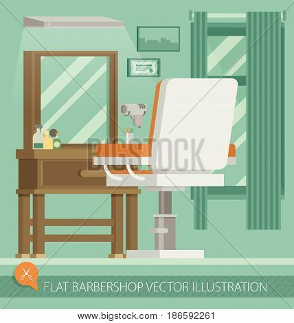 Flat barbershop. Interior and equipment icons. Vector illustration