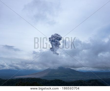 Eruption of Sinabung Volcano. View from summit of Sibayak Volcano. Berastagi North Sumatra Indonesia.