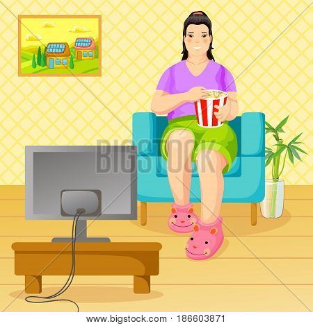 Cartoon unhealthy lifestyle and nutrition concept with fat abese woman sitting in armchair eating popcorn and watching tv vector illustration