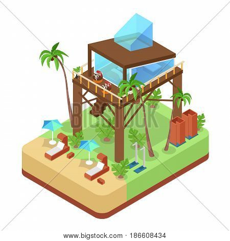 Tropical Bungalow Villa Suit with Palm Trees. Beach Real Estate. Isometric vector flat 3d illustration