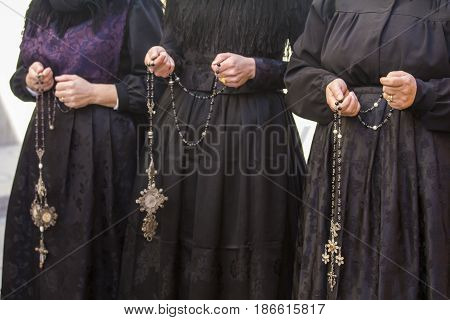 CAGLIARI, ITALY - MAY 1, 2017: 361 Religious procession of Sant'Efisio - group of women in traditional Sardinian costume - Sardinia