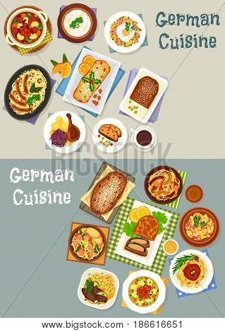 German cuisine festive dinner icon set of cabbage stew with pork sausage, potato bacon salad, baked goose, sweet bread and fruit cake, fish pie, fried cheese potato with egg, liver apple stew