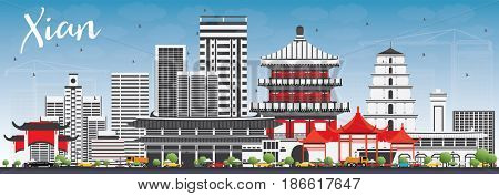 Xian Skyline with Gray Buildings and Blue Sky. Business Travel and Tourism Concept with Historic Architecture. Image for Presentation Banner Placard and Web Site.