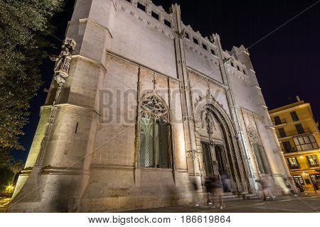 Palma de Mallorca Lonja Night lighting. Majorca gothic architecture. Main facade of the market of the gothic civil. Balearic islands Spain