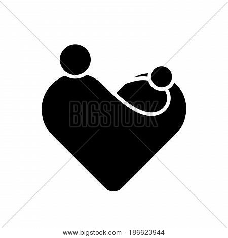 Mother with her child in her hands. Simplified symbol in a shape of heart. Motherhood or Mothers Day theme. Flat black vector illustration.