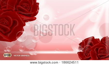 Red roses flowers fragrance for ads. Dazzling effect background. 3D Realistic Vector illustration