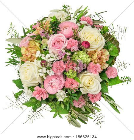 Beautiful bouquet spring flowers isolated on white background. Rose ranunculus carnation flowerbackground