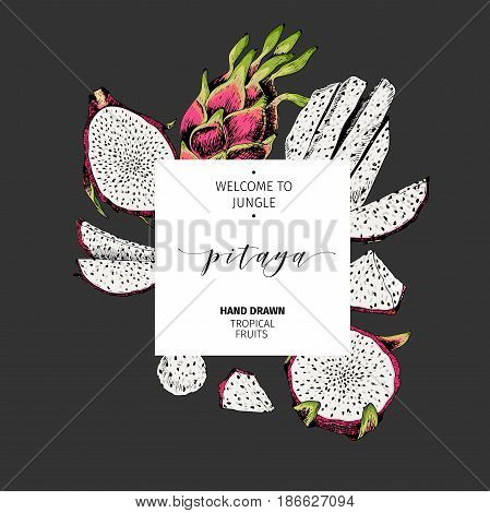  hand drawn smoothie bowls poster. Exotic colored engraved fruits. Square border composition. Piataya whole half slices and balls. Use for exotic restaurant food partty